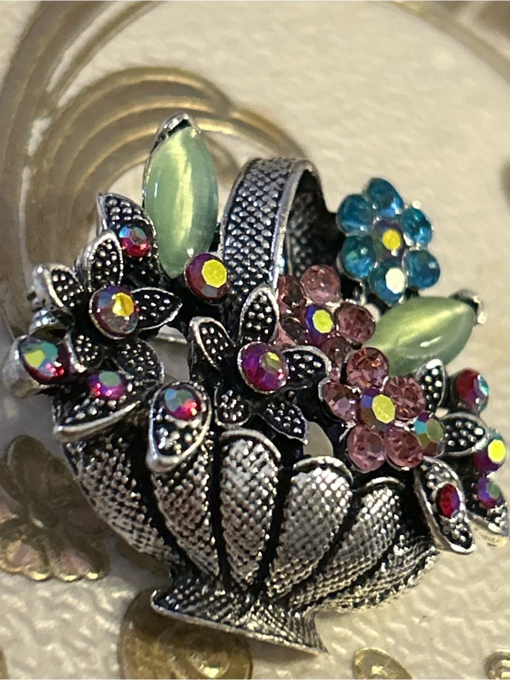 Silver Floral Crystal Basket Ring with Multi-Color & AB Accents